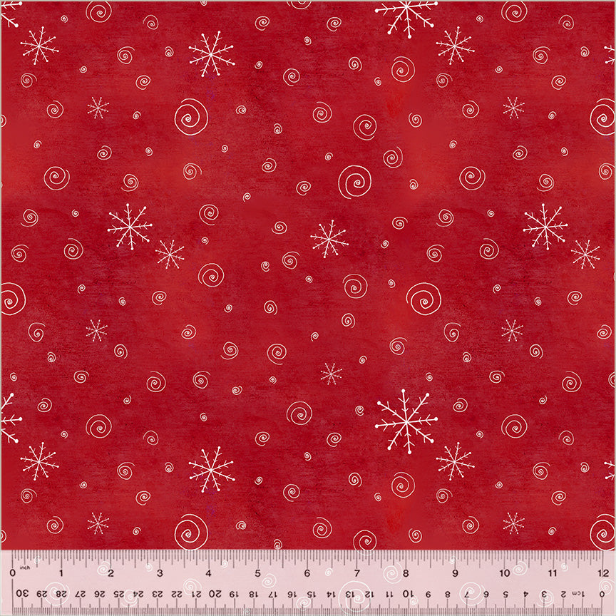 A Very Terri Christmas Snow Flurries Red cotton fabric with delicate snowflake patterns and small holiday motifs on a vibrant red background, ideal for quilting, stockings, pillows, and Christmas décor projects