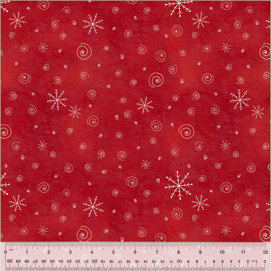 A Very Terri Christmas Snow Flurries Red cotton fabric with delicate snowflake patterns and small holiday motifs on a vibrant red background, ideal for quilting, stockings, pillows, and Christmas décor projects