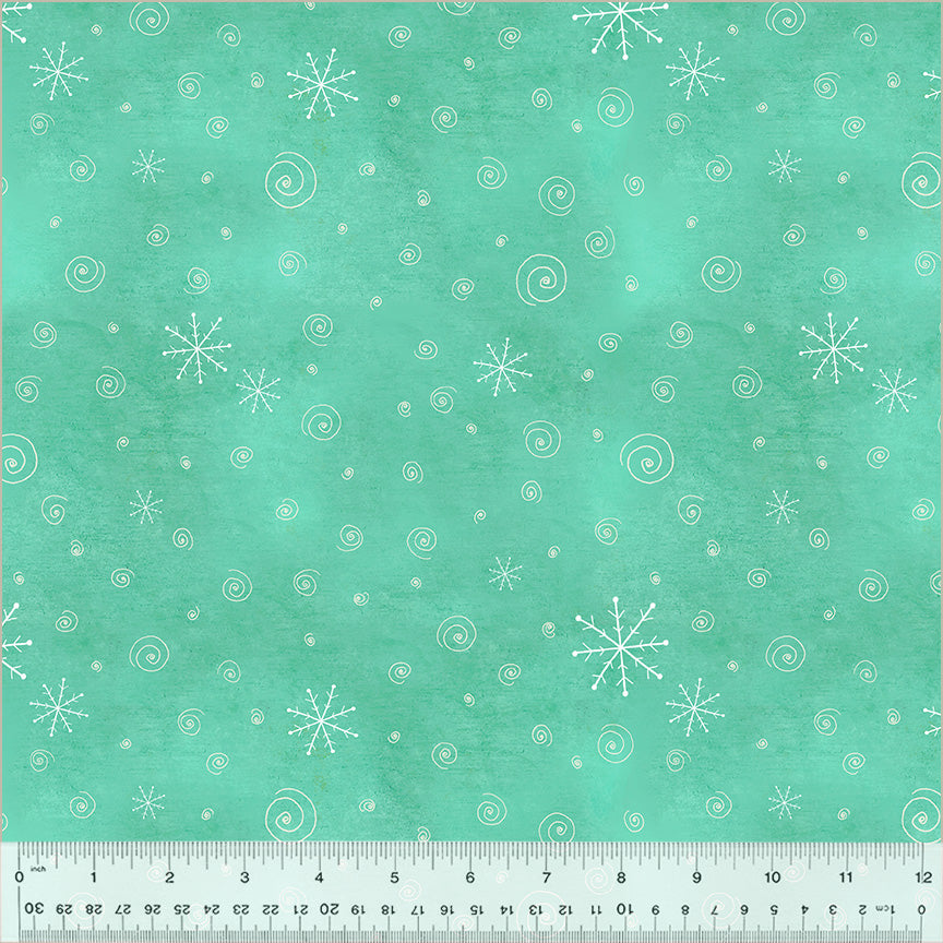 A Very Terri Christmas Snow Flurries cotton fabric with delicate snowflake patterns and small holiday motifs in red, green, or misty grey, ideal for quilting, stockings, pillows, table runners, and Christmas décor projects