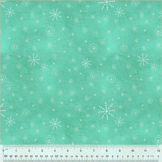 A Very Terri Christmas Snow Flurries cotton fabric with delicate snowflake patterns and small holiday motifs in red, green, or misty grey, ideal for quilting, stockings, pillows, table runners, and Christmas décor projects
