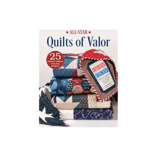 Book titled 'All-Star Quilts of Valor' with quilt patterns on a white background