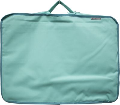 Light blue garment bag with a handle on a white background