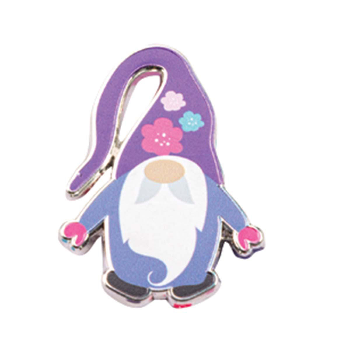 Gnome-shaped keychain with a purple hat and pink shoes on a white background