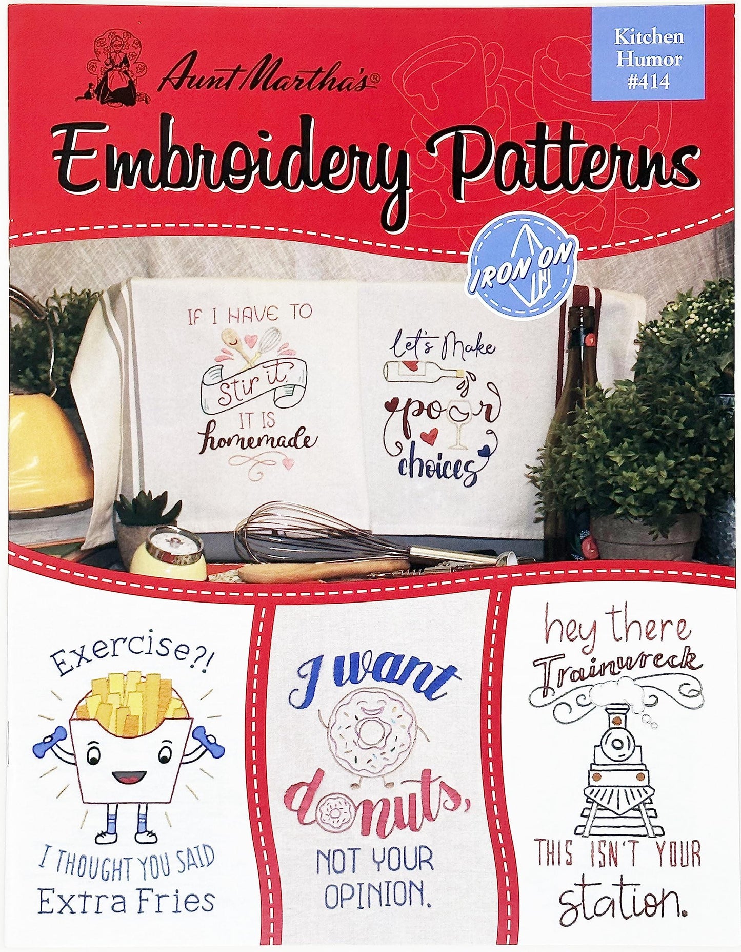 Aunt Martha's Iron-On Embroidery Patterns book cover with kitchen-themed designs.
