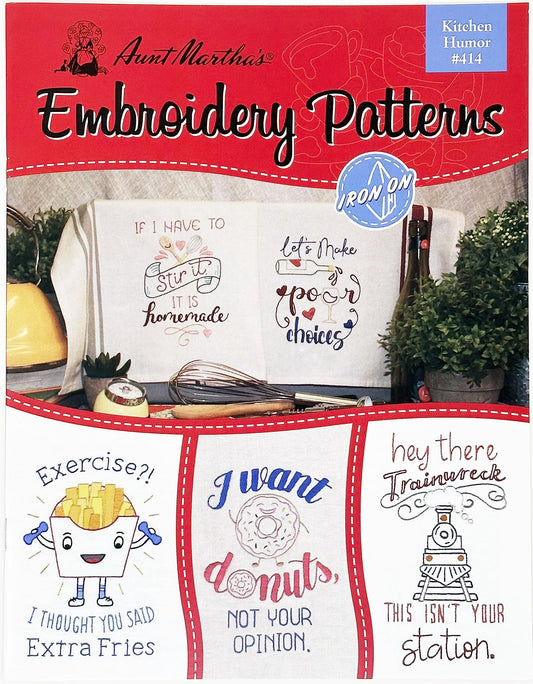 Aunt Martha's Iron-On Embroidery Patterns book cover with kitchen-themed designs.