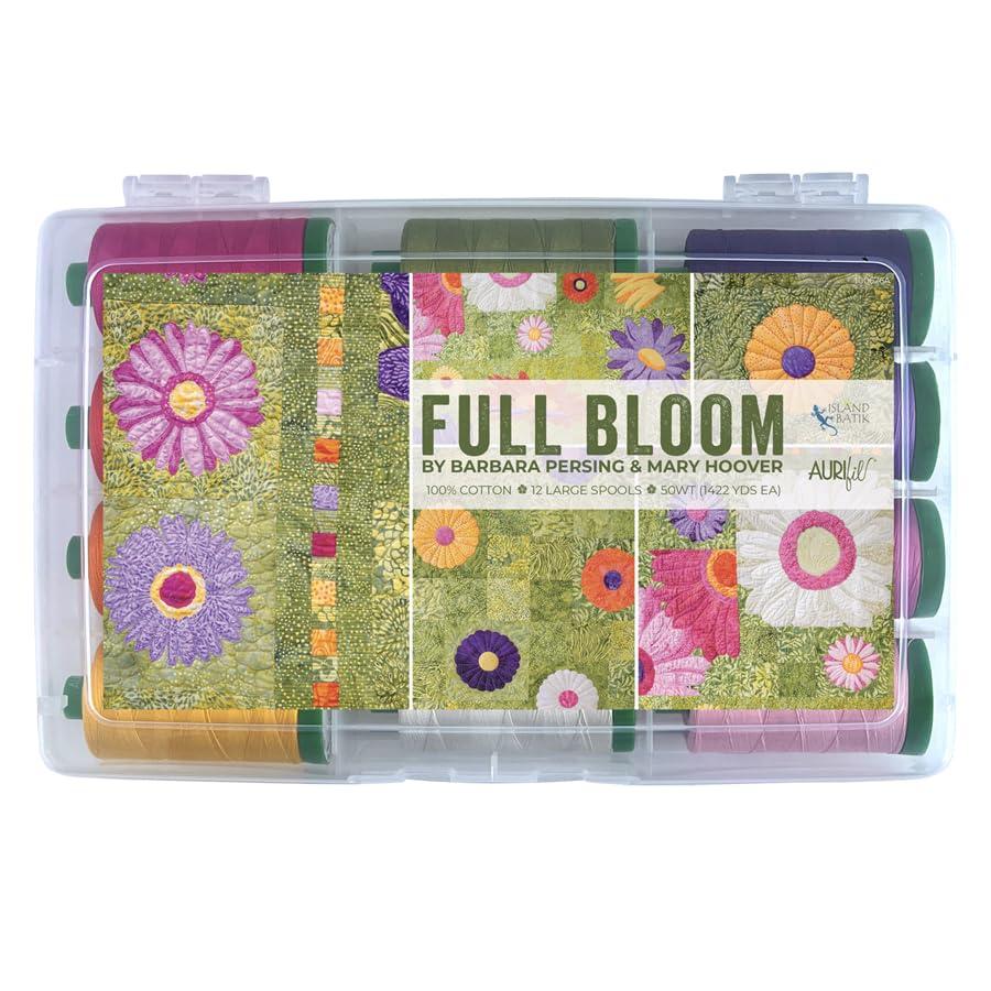 Pack of fabric strips with floral patterns in a clear container labeled 'Full Bloom' by Barbara Perling & Mary Hoover.