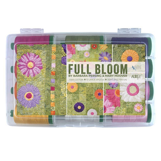 Pack of fabric strips with floral patterns in a clear container labeled 'Full Bloom' by Barbara Perling & Mary Hoover.