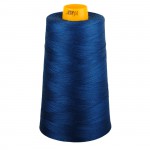 Spool of blue thread with a yellow end cap on a white background