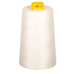 Large spool of white thread with a yellow top on a white background