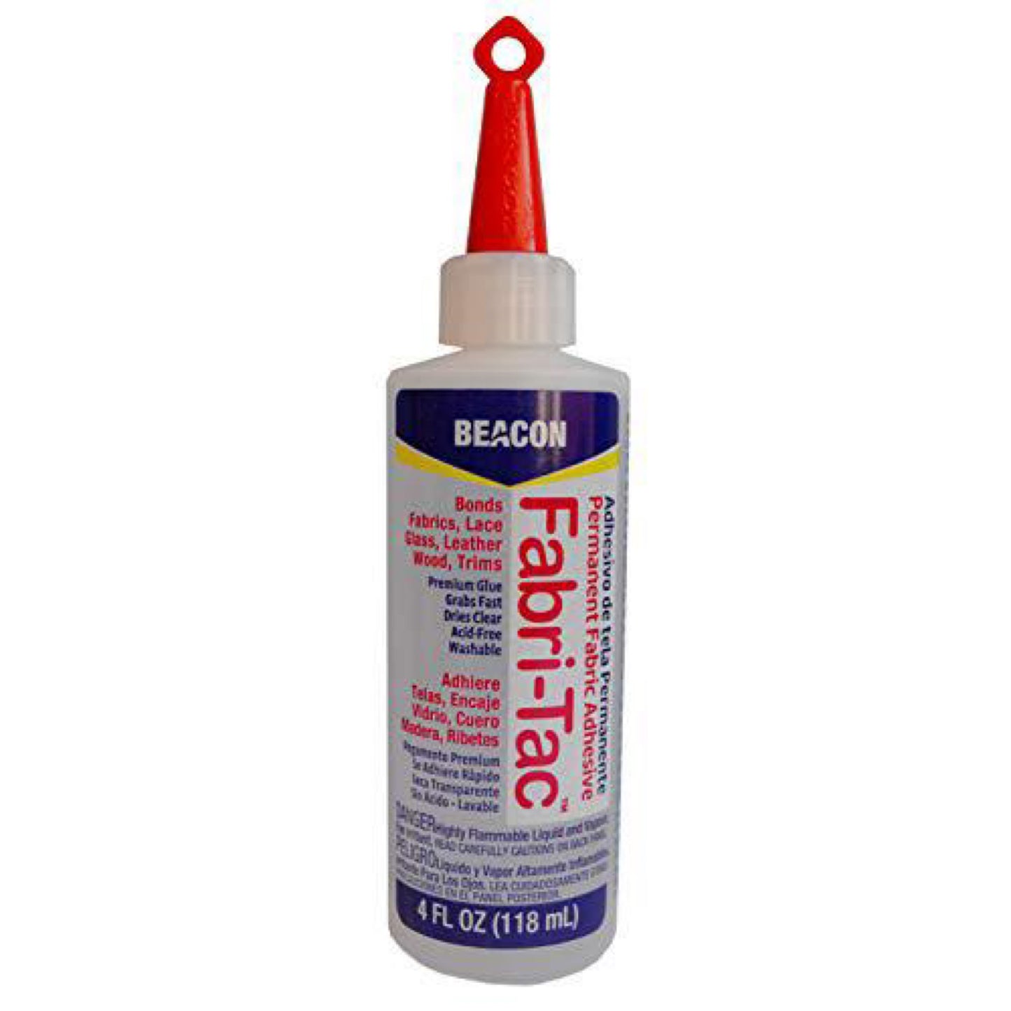 Bottle of Fabri-Tac adhesive with a red cap on a white background