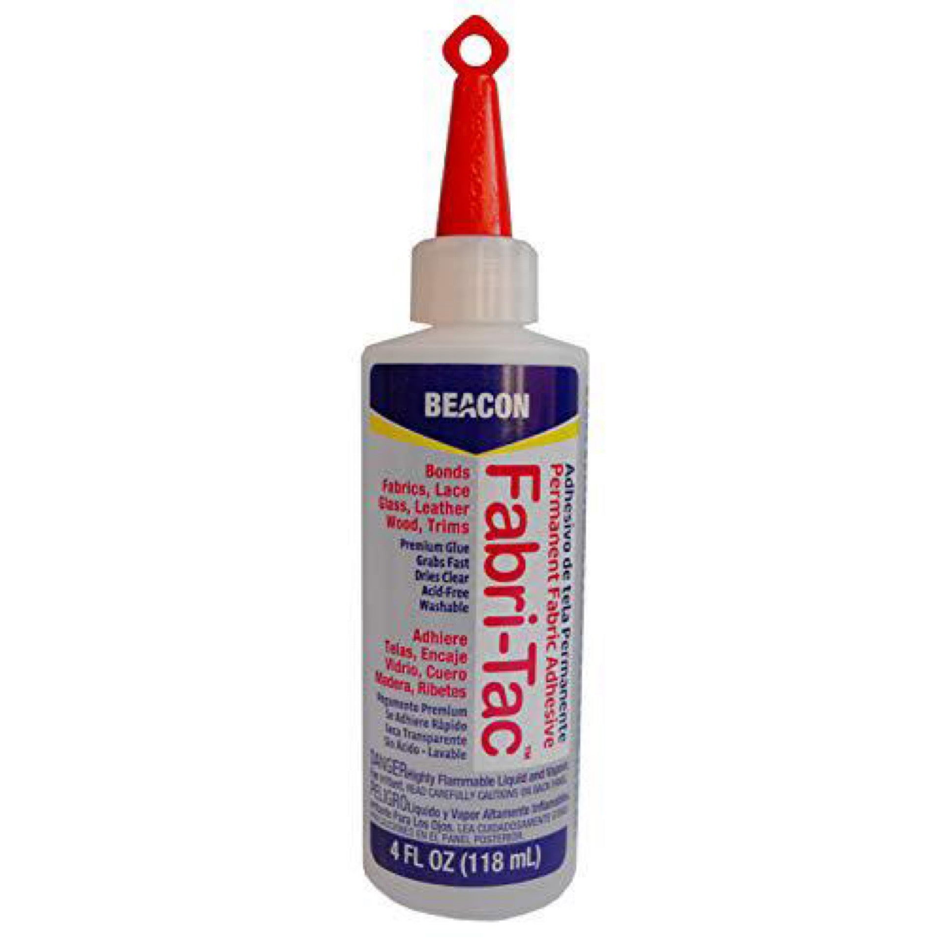 Bottle of Fabri-Tac adhesive with a red cap on a white background