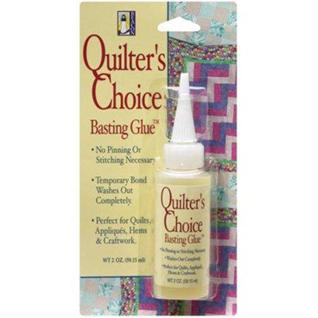 Quilter's Choice basting glue bottle with packaging featuring a quilt design.