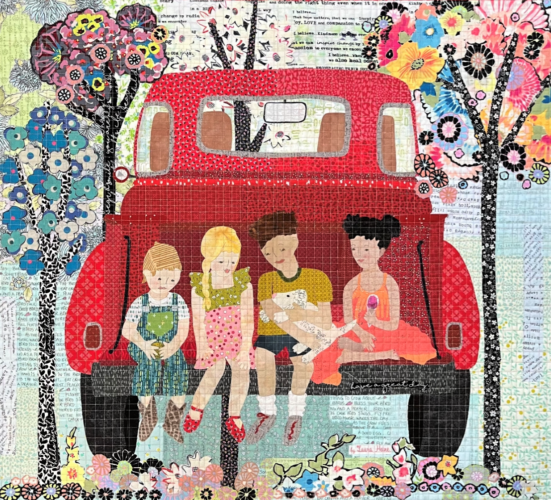 Quilt with a red bus and children sitting on it, surrounded by colorful flowers and patterns.