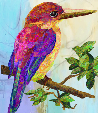 Colorful bird illustration on a branch with leaves