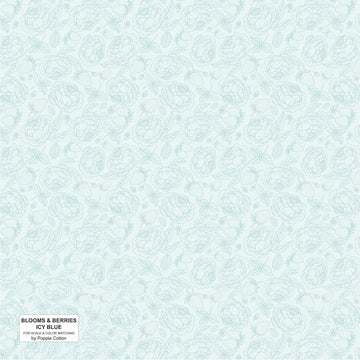 Textured light blue fabric pattern with 'Blossoms & Berries Icy Blue' label.