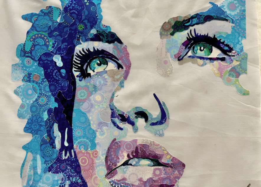 Blue Girl reproduction fabric collage created by instructor Donna Galvan as a tribute to Marina Landi’s original artwork, featuring layered textiles in soft pastels and indigo tones.