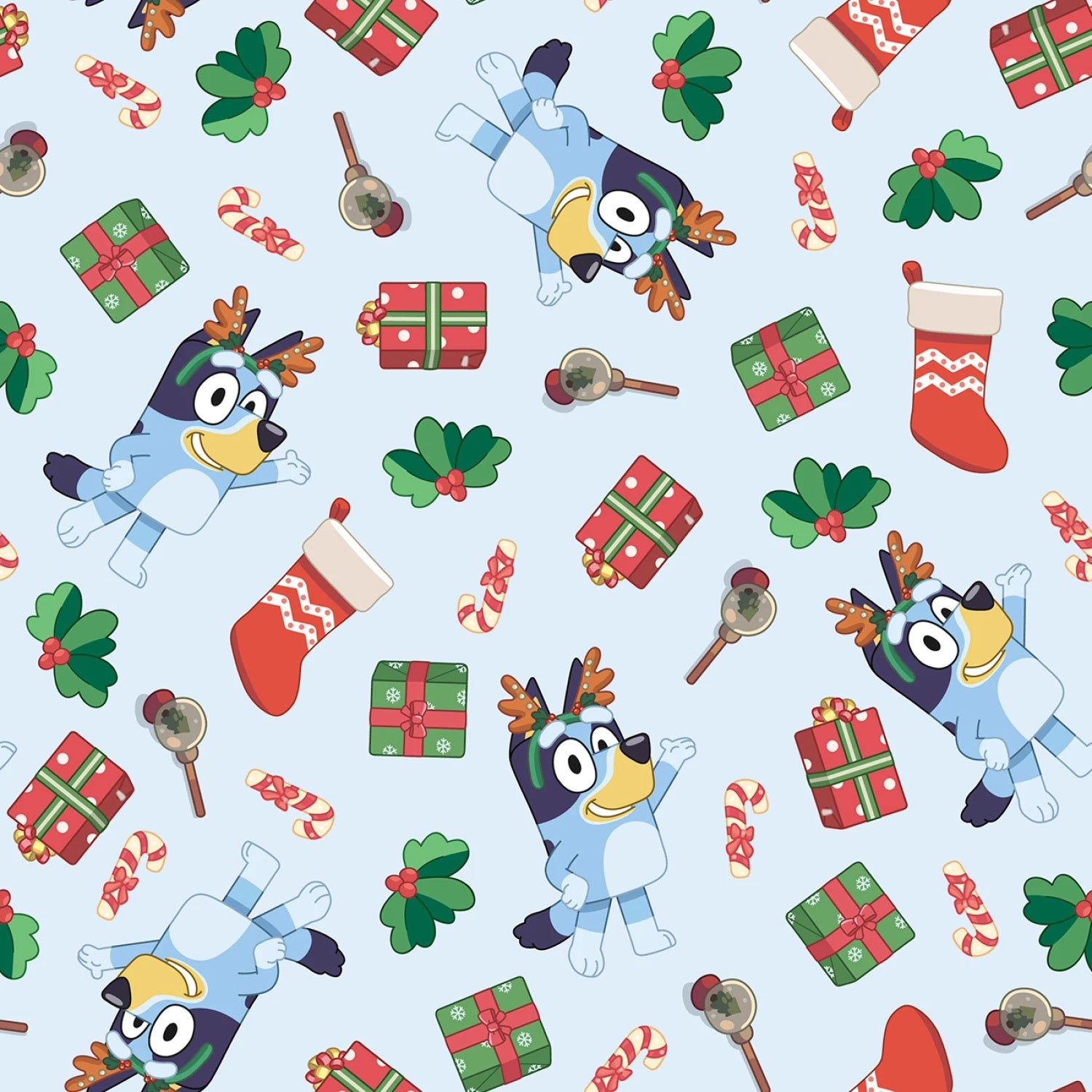 Christmas-themed pattern with cartoon characters, presents, and festive items on a light blue background.