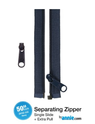 Separating zipper with single slide and extra pull on a white background, branded by annie.com.