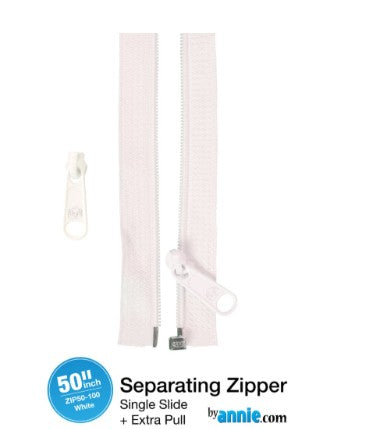 Separating zipper with pull on a white background, featuring Annie.com branding.