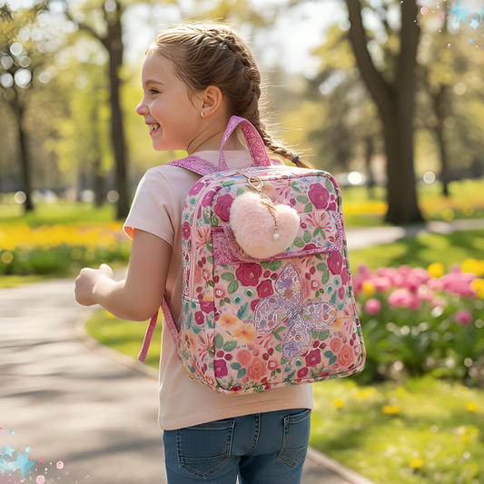 Child with a colorful floral backpack in a park setting