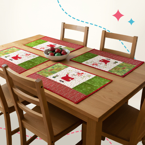 Wooden dining table set with placemats featuring Christmas designs on a white background.