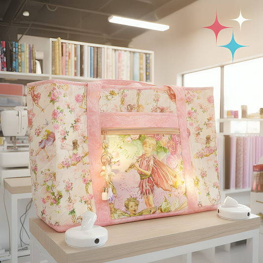 Floral-patterned sewing machine cover on a sewing machine in a store setting