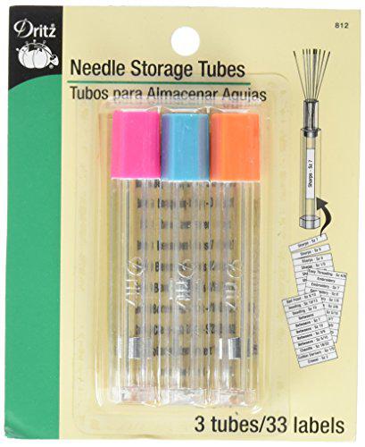 Dritz needle storage tubes with colorful caps on a packaging background