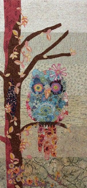 Cora the Common Owl collage quilt pattern by Laura Heine featuring a fused applique owl design