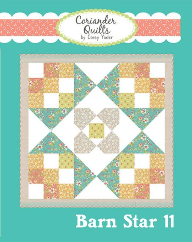Quilt pattern cover titled 'Barn Star 11' by Coriander Quilts on a teal background.