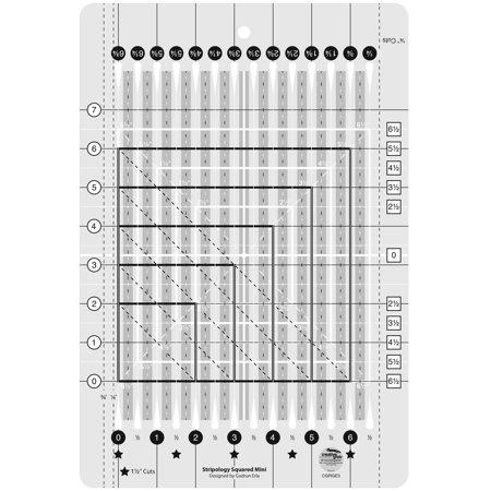 Quilting ruler with grid lines and measurements on a white background