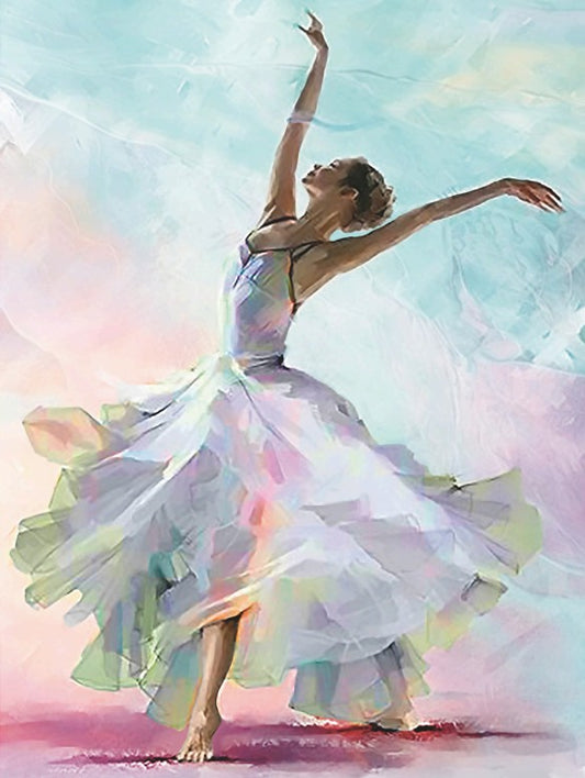 Dancer in a colorful, flowing dress against a pastel sky.