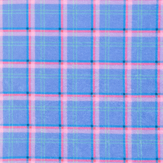 Close-up of blue fabric with pink and green plaid pattern