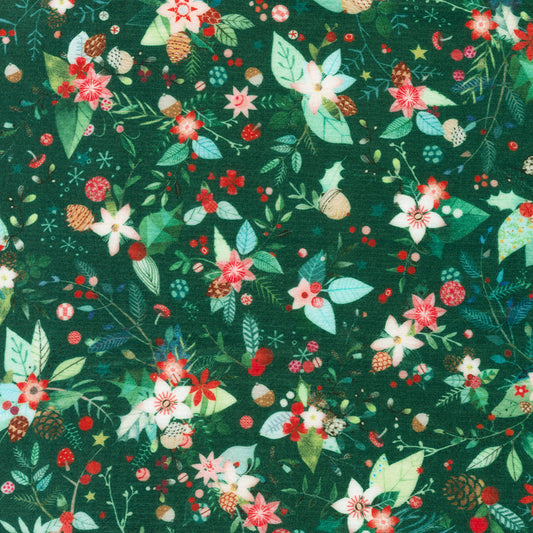 Floral pattern with red, pink, and green flowers on a dark green background