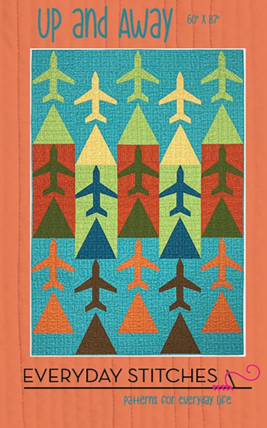 Book cover of 'Up and Away' by Everyday Stitches with airplane and mountain pattern.