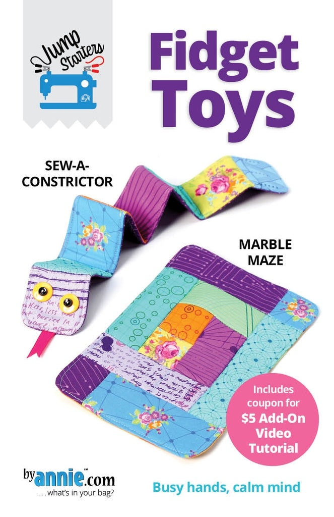 Fidget toys with colorful patterns and text about sewing tutorials from byannie.com