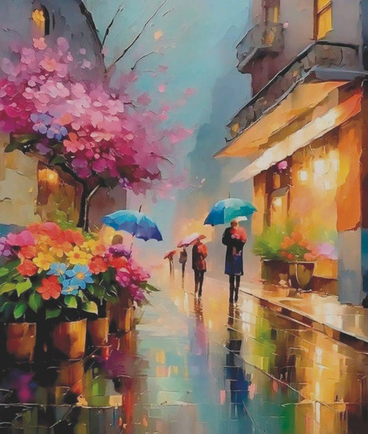 Colorful street scene with people holding umbrellas and flowers, evoking a rainy day atmosphere.