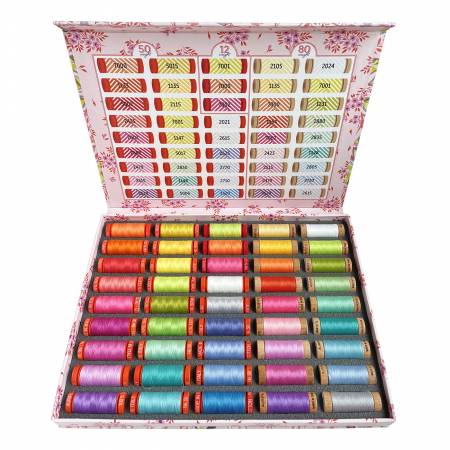 Set of colorful spools of thread in a decorative box with floral patterns.