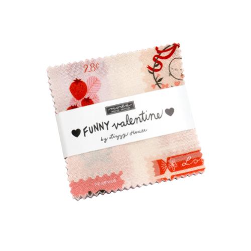 Pack of fabric swatches with 'Funny Valentine' design on a white background