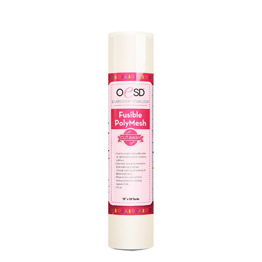 Roll of fusible poly mesh with a pink label on a white background