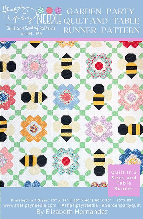 Quilt pattern book cover with bees and flowers on a white background