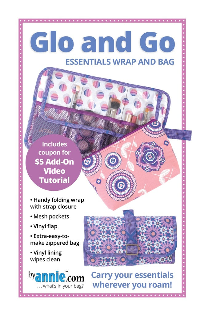 Advertisement for 'Glo and Go' essentials wrap and bag with colorful design and text.