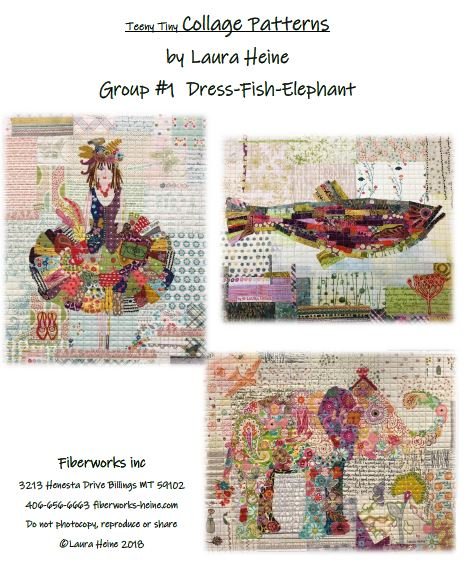 Group 1 Teeny Tiny collage quilt patterns by Laura Heine featuring Dress, Fish and Elephant designs