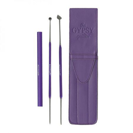 Purple makeup tool set with three brushes and a case on a white background, featuring 'the Gypsy Quilter' brand.
