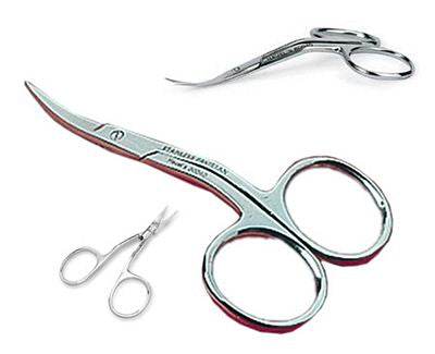 Pair of scissors with red accents on a white background