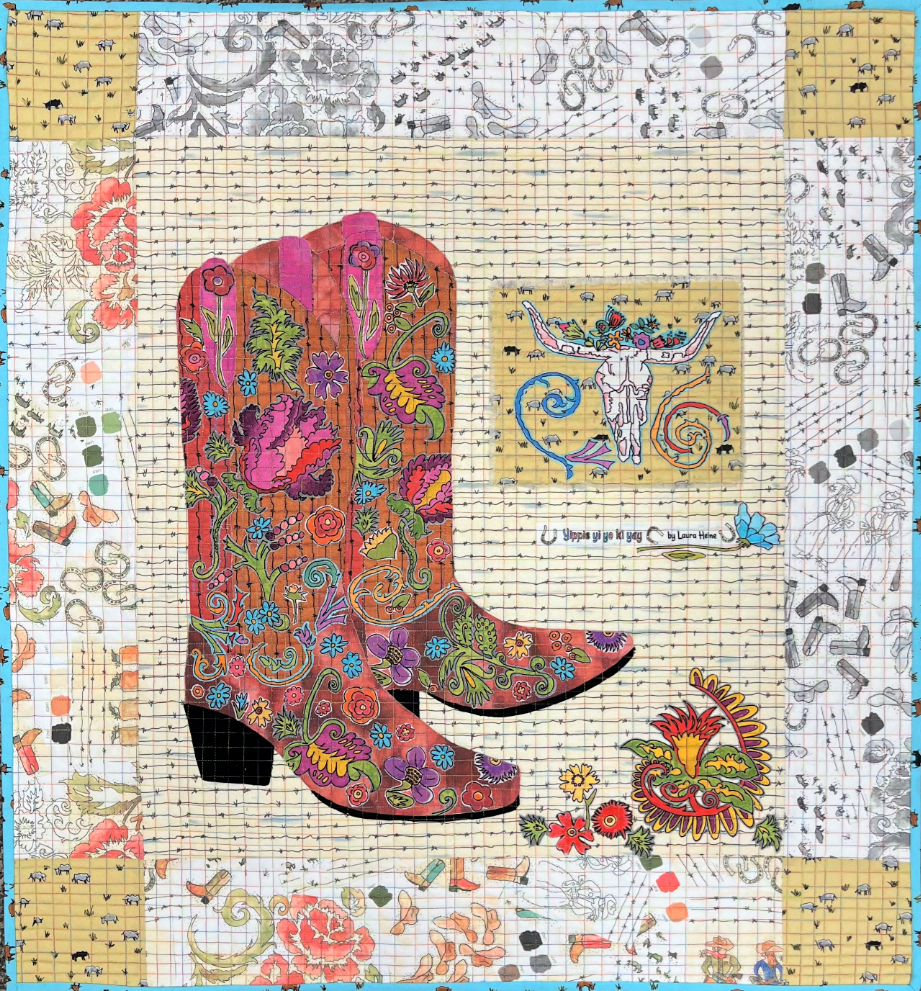 Colorful cowboy boot design on a patterned background