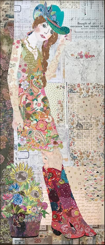 Collage art of a woman in a floral dress and hat with a cat, set against a textured background.