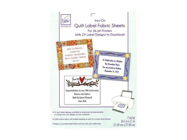 Quilt label fabric sheets packaging with sample labels on a white background