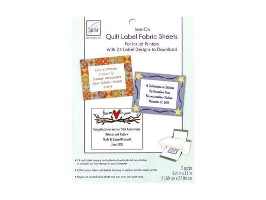 Quilt label fabric sheets packaging with sample labels on a white background