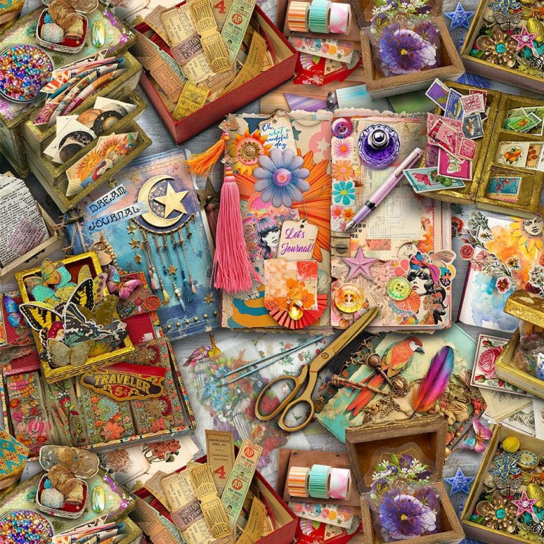 Collage of scrapbooking supplies including paper, stickers, and decorative items on a table.