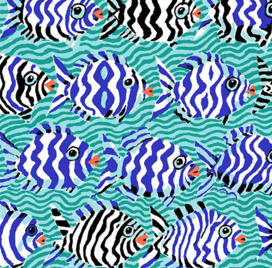 Kaffe Fassett Minnows Aqua quilting cotton fabric with flowing fish pattern in aqua and teal tones